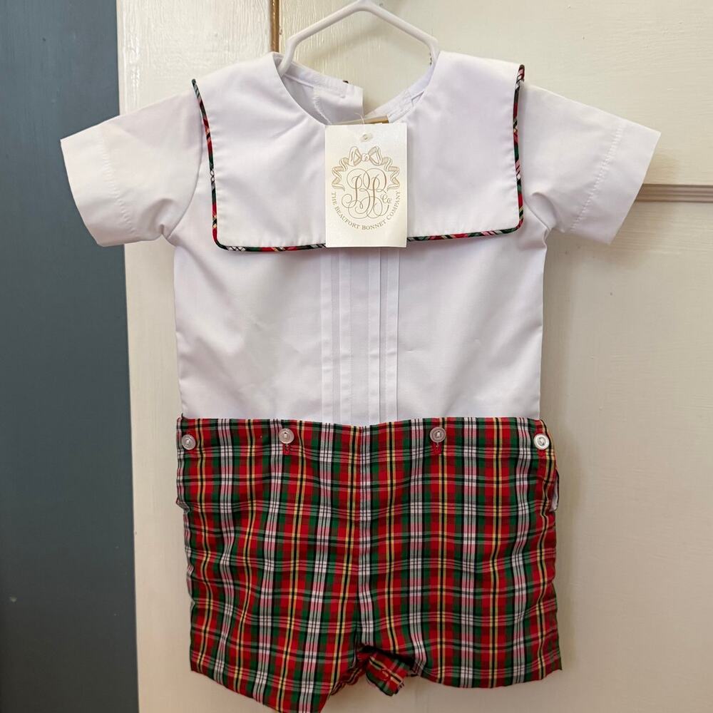 NWT Beaufort Bonnet Company Christmas Plaid Jon Jon Bubble Romper 0–6 Months
